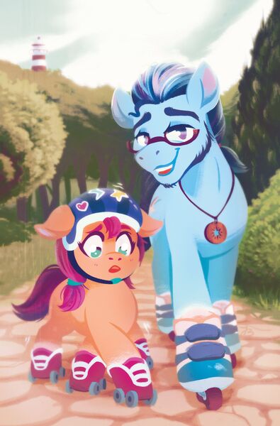 Size: 2063x3131 | Tagged: safe, derpibooru import, idw, official, sunny starscout, earth pony, pony, my little pony: a new generation, 2d, argyle starshine, comic, comic cover, family, father and child, father and daughter, female, filly, filly sunny starscout, foal, g5, image, jpeg, kind, kindness, lighthouse, loving, male, maretime bay, road, roller skates, scared, skating, support, tree, unsure, younger