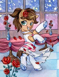 Size: 900x1167 | Tagged: safe, artist:red-watercolor, derpibooru import, oc, oc:heroic armour, unofficial characters only, pony, unicorn, clothes, collar, colt, crossdressing, dancing, dress, flower, flower filly, flower in hair, flower petals, foal, happy, horn, horn ring, image, jewelry, jpeg, male, ponytail, ring, rose, shoes, smiling, socks, table, tablecloth, thigh highs