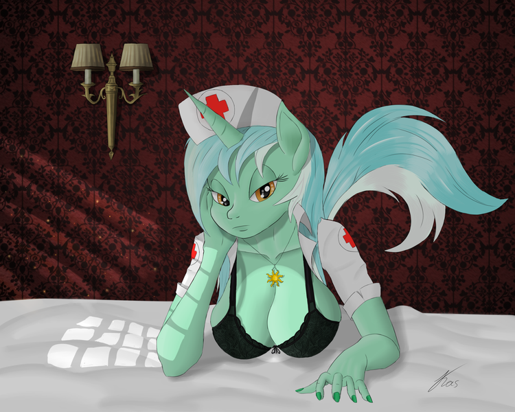 Size: 2100x1680 | Tagged: suggestive, artist:kasaler, derpibooru import, lyra heartstrings, anthro, bed, breasts, busty lyra heartstrings, female, image, nail polish, nudity, nurse, png, solo, solo female