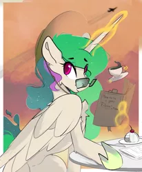 Size: 3615x4389 | Tagged: safe, artist:therealf1rebird, derpibooru import, princess celestia, alicorn, pony, book, coffee, cute, glasses, image, looking at you, png, solo