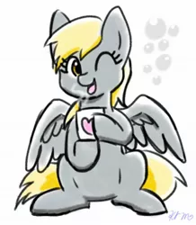 Size: 1787x2048 | Tagged: safe, artist:slfreargb1klh2c, derpibooru import, derpy hooves, pegasus, pony, cup, cutie mark, female, heart, image, jpeg, looking at you, mare, mug, one eye closed, open mouth, open smile, simple background, sitting, smiling, smiling at you, solo, steam, white background, wink, winking at you