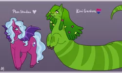 Size: 1918x1148 | Tagged: safe, artist:greenarsonist, derpibooru import, oc, oc:kiwi gardens, oc:plum shadow, unofficial characters only, bat pony, lamia, original species, pony, snake, snake pony, bat pony oc, bat wings, bisexual, bisexual pride flag, eyeshadow, glasses, hair accessory, image, jewelry, long hair, makeup, necklace, pair, png, ponytail, pride, pride flag, smiling, spread wings, tooth, unshorn fetlocks, wings