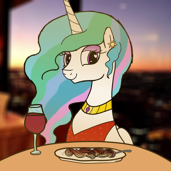 Size: 3000x3000 | Tagged: safe, artist:notawriteranon, derpibooru import, princess celestia, alicorn, pony, alcohol, dinner, female, food, image, mare, offscreen character, pasta, png, pov, red dress, spaghetti, wine