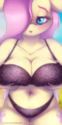Size: 750x1500 | Tagged: suggestive, artist:shad0w-galaxy, derpibooru import, fluttershy, anthro, pegasus, adorasexy, belly button, big breasts, blushing, both cutie marks, bra, breast grab, breasts, busty fluttershy, clothes, cute, female, grope, huge breasts, image, lingerie, one eye covered, open mouth, png, sexy, shyabetes, solo, thicc ass, thighs, thunder thighs, underwear