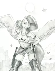 Size: 1000x1298 | Tagged: suggestive, artist:baron engel, derpibooru import, fluttershy, anthro, butterfly, insect, pegasus, boots, breasts, busty fluttershy, clothes, erect nipples, female, hand on hip, image, jpeg, knee-high boots, leash, leather, leather boots, looking at you, midriff, monochrome, nipple outline, pencil drawing, shoes, solo, spread wings, tanktop, traditional art, whip, wings