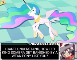 Size: 962x751 | Tagged: safe, derpibooru import, edit, edited screencap, screencap, princess celestia, alicorn, pony, robot, a canterlot wedding, abuse, burned horn, crown, defeated, eyes closed, female, hoof shoes, hooves, horn, image, jewelry, jpeg, lying down, mare, one wing out, open mouth, prometheus, regalia, reploid, side, smiling, text, wings