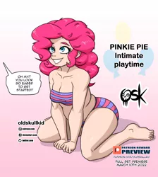 Size: 1434x1600 | Tagged: suggestive, alternate version, artist:oldskullkid, derpibooru import, pinkie pie, human, breasts, gritted teeth, humanized, image, jpeg, offscreen character, speech bubble
