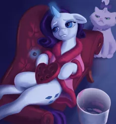 Size: 1500x1600 | Tagged: safe, artist:escapisttwi, derpibooru import, opalescence, rarity, cat, pony, unicorn, bathrobe, box of chocolates, clothes, crying, fainting couch, holiday, image, jpeg, lonely, lying down, on back, robe, trash can, valentine's day