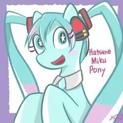 Size: 1000x1000 | Tagged: safe, artist:garammasara, derpibooru import, ponified, earth pony, pony, bust, female, hatsune miku, headphones, image, jpeg, looking at you, mare, necktie, open mouth, open smile, signature, smiling, smiling at you, solo, starry eyes, stars, text, vocaloid, wingding eyes