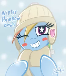 Size: 2126x2455 | Tagged: safe, artist:garammasara, derpibooru import, rainbow dash, pegasus, pony, blushing, bust, clothes, female, grin, hat, high res, image, jpeg, looking at you, mare, one eye closed, scarf, signature, smiling, smiling at you, solo, starry eyes, stars, text, wingding eyes, wink, winking at you, winter outfit