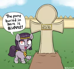 Size: 1880x1768 | Tagged: safe, artist:heretichesh, derpibooru import, oc, oc:mummydew, unofficial characters only, earth pony, pony, ankh, female, filly, foal, grave, gravestone, headband, image, png, pointing, solo, speech bubble, talking to viewer