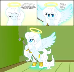 Size: 2978x2881 | Tagged: safe, artist:badumsquish, derpibooru import, oc, oc:zophiel, unofficial characters only, angel pony, original species, pony, angel, bangles, bracelet, cross, derpibooru exclusive, determined, dialogue, eyes closed, female, floating wings, frown, glow, gold, halo, hoof hold, house, image, implied oc:kim stone, jewelry, long eyelashes, long mane, mare, paint, paint roller, png, show accurate, solo, spear, talking to herself, talking to viewer, weapon, wings