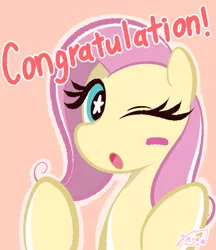 Size: 2126x2455 | Tagged: safe, artist:garammasara, derpibooru import, fluttershy, pegasus, pony, :o, blushing, bust, congratulations, eyelashes, female, high res, image, jpeg, looking at you, mare, o mouth, one eye closed, open mouth, signature, simple background, solo, starry eyes, stars, text, wingding eyes, wink, winking at you