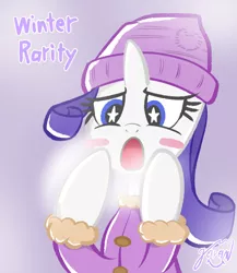 Size: 1774x2048 | Tagged: safe, artist:garammasara, derpibooru import, rarity, pony, unicorn, bust, clothes, female, hat, heart, image, jpeg, mare, open mouth, purple background, signature, simple background, solo, starry eyes, stars, text, wingding eyes, winter, winter hat, winter outfit