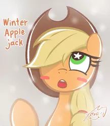 Size: 1774x2048 | Tagged: safe, artist:garammasara, derpibooru import, applejack, earth pony, pony, applejack's hat, blushing, bust, cowboy hat, female, hat, image, jpeg, looking up, mare, open mouth, signature, simple background, solo, starry eyes, stars, text, wingding eyes, winter