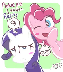 Size: 1276x1473 | Tagged: safe, artist:garammasara, derpibooru import, pinkie pie, rarity, earth pony, pony, unicorn, bust, duo, female, image, jpeg, looking at someone, looking up, mare, partial background, secret, signature, simple background, speech bubble, starry eyes, stars, text, thought bubble, whispering, white background, wingding eyes