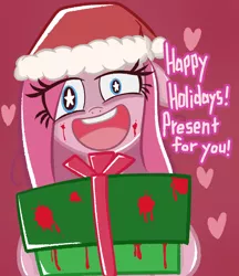 Size: 2126x2455 | Tagged: safe, artist:garammasara, derpibooru import, pinkie pie, earth pony, pony, blood, blood stains, bust, christmas, female, happy holidays, hat, heart, heart background, holiday, image, jpeg, looking at you, mare, open mouth, open smile, pinkamena diane pie, present, santa hat, shrunken pupils, smiling, smiling at you, solo, starry eyes, stars, text, wingding eyes