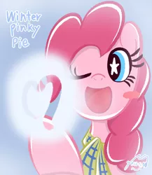 Size: 1774x2048 | Tagged: safe, artist:garammasara, derpibooru import, pinkie pie, earth pony, pony, blue background, blushing, bust, clothes, female, happy, image, jpeg, mare, one eye closed, open mouth, open smile, scarf, signature, simple background, smiling, starry eyes, stars, text, wingding eyes, winter
