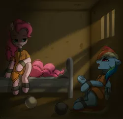 Size: 3123x3019 | Tagged: safe, artist:auroracursed, derpibooru import, pinkie pie, rainbow dash, earth pony, pegasus, pony, bound wings, chains, clothes, cuffed, female, females only, image, jail, jpeg, prison outfit, prisoner, prisoner pp, prisoner rd, sad, smiling, smirk, wings