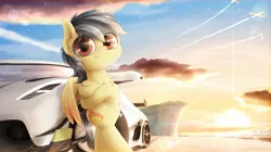 Size: 1920x1079 | Tagged: safe, artist:phoenixrk49, derpibooru import, oc, unofficial characters only, pegasus, pony, bipedal, bipedal leaning, boat, car, crossed hooves, cruise ship, image, jpeg, leaning, looking at you, male, pegasus oc, plane, solo, stallion, sunset, wings