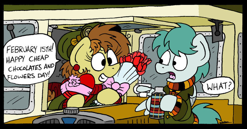 Size: 1024x535 | Tagged: safe, artist:bobthedalek, derpibooru import, oc, oc:bubble pump, oc:clippy ticket, unofficial characters only, earth pony, pegasus, pony, comic:trottingham transport, bus, chocolate, clothes, comic, ear piercing, earring, flask, flower, food, hat, heart, hearts and hooves day, image, jewelry, jpeg, messy mane, piercing, sweater