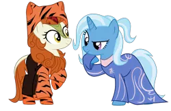 Size: 3015x1963 | Tagged: safe, artist:idkhesoff, derpibooru import, autumn blaze, trixie, big cat, kirin, pony, tiger, unicorn, alternate hairstyle, awwtumn blaze, chinese new year, chinese text, clothes, cute, dress, duo, female, hoodie, image, lunar new year, mare, moon runes, onesie, pants, png, raised hoof, simple background, socks, striped socks, transparent background, year of the tiger