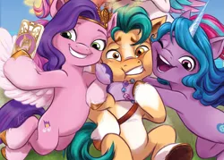 Size: 1895x1354 | Tagged: safe, derpibooru import, idw, hitch trailblazer, izzy moonbow, pipp petals, earth pony, pegasus, unicorn, my little pony: a new generation, comic, comic cover, female, g5, hug, image, iphone, male, png