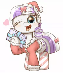 Size: 1642x1920 | Tagged: safe, artist:phoenixrk49, derpibooru import, twilight velvet, pony, unicorn, christmas, clothes, costume, eye reflection, female, hat, heart, holiday, image, jpeg, looking at you, mare, one eye closed, open mouth, open smile, present, raised hoof, reflection, ribbon, santa costume, santa hat, simple background, smiling, smiling at you, socks, solo, stockings, thigh highs, white background, wink, winking at you