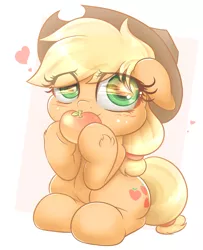 Size: 1558x1920 | Tagged: safe, artist:phoenixrk49, derpibooru import, applejack, earth pony, pony, apple, applejack's hat, blushing, covering mouth, cowboy hat, cute, eye clipping through hair, eye reflection, female, food, hat, heart, image, jackabetes, jpeg, looking at you, mare, partial background, reflection, simple background, sitting, solo, weapons-grade cute, white background