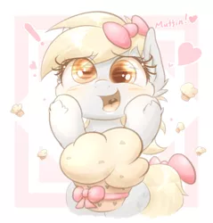 Size: 1836x1920 | Tagged: safe, artist:phoenixrk49, derpibooru import, derpy hooves, pegasus, pony, blushing, bust, cute, derpabetes, exclamation point, eye reflection, female, food, happy, heart, hoof on cheek, image, jpeg, looking at something, mare, muffin, open mouth, open smile, reflection, ribbon, smiling, solo, text, weapons-grade cute