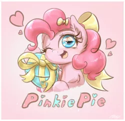 Size: 1920x1850 | Tagged: safe, artist:phoenixrk49, derpibooru import, pinkie pie, earth pony, pony, bust, cute, diapinkes, eye reflection, female, gradient background, heart, image, jpeg, looking at you, mare, one eye closed, open mouth, open smile, present, reflection, ribbon, signature, smiling, smiling at you, solo, text, wink, winking at you