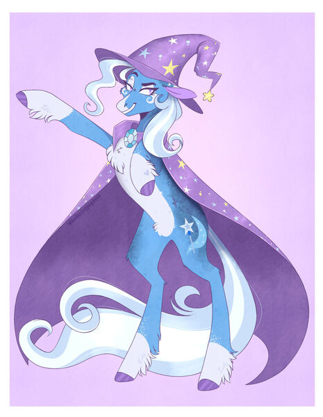 Size: 1280x1653 | Tagged: safe, artist:wanderingpegasus, derpibooru import, trixie, pony, unicorn, alternate hairstyle, cape, chest fluff, clothes, eyeshadow, februpony, female, freckles, grin, hat, image, jpeg, makeup, mare, markings, pale belly, pink background, raised hoof, simple background, smiling, solo, trixie's cape, trixie's hat, unshorn fetlocks