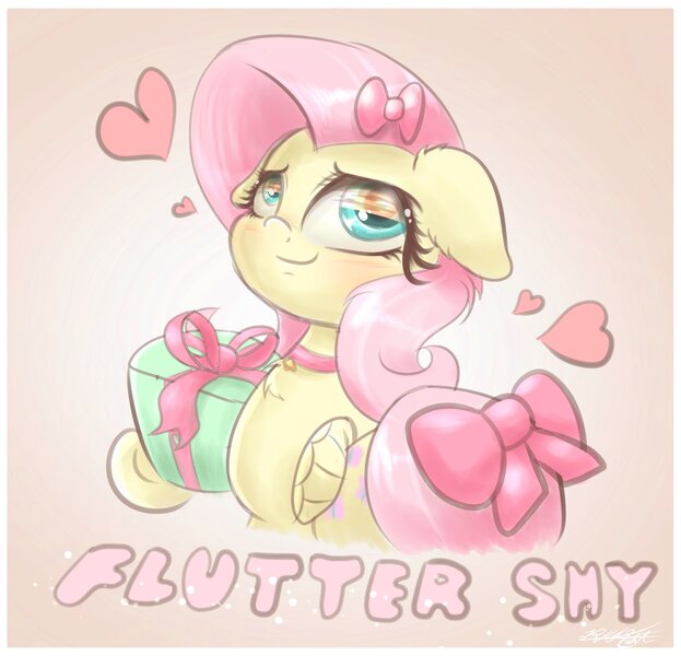 Size: 1920x1850 | Tagged: safe, artist:phoenixrk49, derpibooru import, fluttershy, pegasus, pony, blushing, bust, choker, chokershy, cute, eye reflection, female, gradient background, heart, image, jpeg, looking away, mare, present, reflection, ribbon, shyabetes, signature, solo, text, wing hold, wings