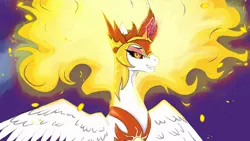 Size: 1280x720 | Tagged: safe, artist:angelicdrift, derpibooru import, daybreaker, alicorn, pony, colored pupils, crown, digital art, feather, female, fire, flowing mane, gem, helmet, horn, image, jewelry, jpeg, lidded eyes, looking at you, mane of fire, mare, orange eyes, purple background, regalia, simple background, smiling, solo, spread wings, teeth, wings