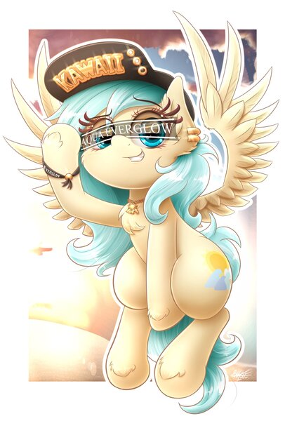 Size: 1299x1920 | Tagged: safe, artist:phoenixrk49, derpibooru import, oc, oc:aqua everglow, unofficial characters only, pegasus, pony, chest fluff, female, hat, image, jpeg, looking at you, mare, partial background, pegasus oc, simple background, solo, spread wings, text, white background, wings