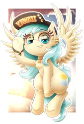 Size: 1299x1920 | Tagged: safe, alternate version, artist:phoenixrk49, derpibooru import, oc, oc:aqua everglow, unofficial characters only, pegasus, pony, chest fluff, female, hat, image, jpeg, looking at you, mare, partial background, pegasus oc, simple background, solo, spread wings, text, white background, wings