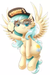 Size: 1299x1920 | Tagged: safe, alternate version, artist:phoenixrk49, derpibooru import, oc, oc:aqua everglow, unofficial characters only, pegasus, pony, chest fluff, female, hat, image, jpeg, looking at you, mare, pegasus oc, simple background, solo, spread wings, text, white background, wings