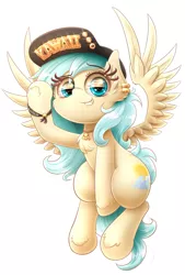 Size: 1299x1920 | Tagged: safe, alternate version, artist:phoenixrk49, derpibooru import, oc, oc:aqua everglow, unofficial characters only, pegasus, pony, chest fluff, female, hat, image, jpeg, looking at you, mare, pegasus oc, simple background, solo, spread wings, text, white background, wings