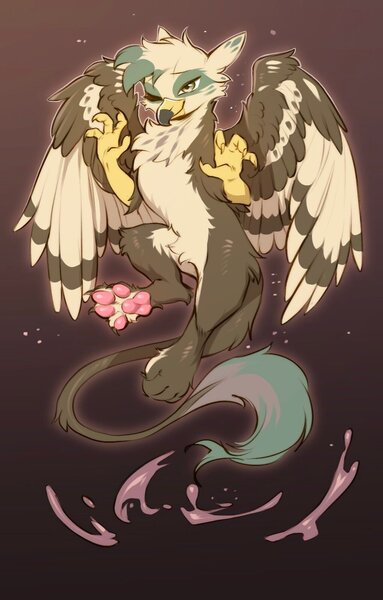 Size: 1020x1599 | Tagged: safe, artist:swaybat, derpibooru import, oc, oc:dillinger, unofficial characters only, gryphon, chest fluff, eyelashes, gradient background, griffon oc, grin, image, jpeg, male, one eye closed, pale belly, paws, raffle prize, raised paw, smiling, solo, spread wings, underpaw, wings