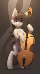 Size: 1648x3000 | Tagged: safe, artist:n_thing, derpibooru import, octavia melody, earth pony, pony, bipedal, black mane, black tail, bow (instrument), cello, cello bow, cheek fluff, chest fluff, cutie mark background, ear fluff, eyebrows, eyebrows visible through hair, eyelashes, female, gray coat, high res, image, jpeg, looking at you, mare, musical instrument, playing instrument, purple eyes, solo, tail