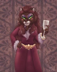 Size: 800x1000 | Tagged: safe, artist:hololynx, derpibooru import, catrina, anthro, cat, bangles, big breasts, breasts, busty catrina, clothes, dress, g1, glass, hand on hip, image, lidded eyes, png, signature, smiling, solo, wine glass