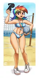 Size: 1100x2200 | Tagged: suggestive, artist:king-kakapo, derpibooru import, rainbow dash, human, beach, bikini, clothes, female, humanized, image, png, shoes, sneakers, solo, solo female, sports, sunglasses, swimsuit, volleyball, volleyball net, whistle