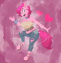 Size: 1946x2000 | Tagged: safe, artist:mooons, derpibooru import, pinkie pie, anthro, clothes, heart, image, jeans, jpeg, pants, ripped jeans, ripped pants, simple background, solo, torn clothes, tube top, watermark