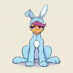 Size: 1952x1952 | Tagged: safe, artist:aquaticvibes, derpibooru import, scootaloo, pegasus, pony, animal costume, blushing, bunny costume, clothes, costume, cute, cutealoo, eyebrows, eyebrows visible through hair, female, filly, foal, image, png, scootaloo is not amused, simple background, sitting, solo, unamused
