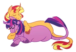 Size: 966x660 | Tagged: safe, artist:helianthanas, derpibooru import, sci-twi, sunset shimmer, twilight sparkle, ponified, classical unicorn, pony, unicorn, equestria girls, cloven hooves, duo, duo female, equestria girls ponified, eyes closed, female, glasses, hug, image, leonine tail, lesbian, lying down, mare, png, prone, scitwishimmer, shipping, simple background, smiling, sunsetsparkle, transparent background, unicorn sci-twi, unshorn fetlocks