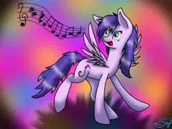 Size: 1024x768 | Tagged: safe, artist:lycantrin, derpibooru import, oc, oc:purple roselyn, unofficial characters only, pegasus, pony, 2015, female, image, jpeg, mare, music notes, solo