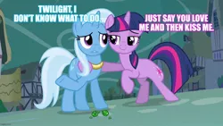 Size: 1280x720 | Tagged: safe, derpibooru import, edit, edited screencap, screencap, trixie, twilight sparkle, magic duel, female, image, jpeg, lesbian, shipping, twixie