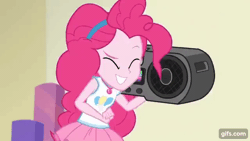 Size: 640x360 | Tagged: safe, derpibooru import, screencap, pinkie pie, equestria girls, equestria girls series, holidays unwrapped, spoiler:eqg series (season 2), animated, clothes, cutie mark, cutie mark on clothes, eyes closed, female, geode of sugar bombs, gif, gifs.com, grin, image, jewelry, magical geodes, necklace, o come all ye squashful, radio, smiling, solo, tanktop