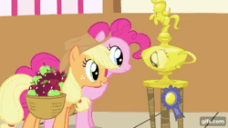 Size: 640x360 | Tagged: safe, derpibooru import, screencap, applejack, pinkie pie, earth pony, pony, applebuck season, season 1, animated, applejack's hat, cowboy hat, duo, female, gif, gifs.com, hat, image, mare, open mouth, open smile, ponyville town hall, silly, silly pony, smiling, trophy, who's a silly pony