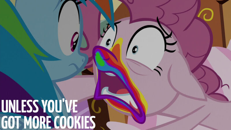 Size: 1280x720 | Tagged: safe, derpibooru import, edit, edited screencap, editor:quoterific, screencap, pinkie pie, rainbow dash, earth pony, pegasus, pony, 28 pranks later, season 6, duo, floppy ears, image, jpeg, open mouth, sugarcube corner